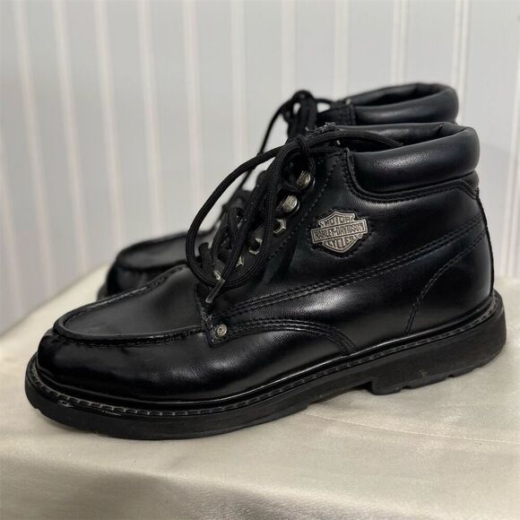 Harley-Davidson Black Leather Moc Toe Work Boots 9.5 Lace Up Metal Badge Biker - Picture 1 of 10